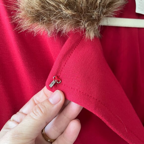 Chicos Sz L Faux Fur Red Pea Coat Jacket Cross Button Lined Long Sleeves - Picture 4 of 7